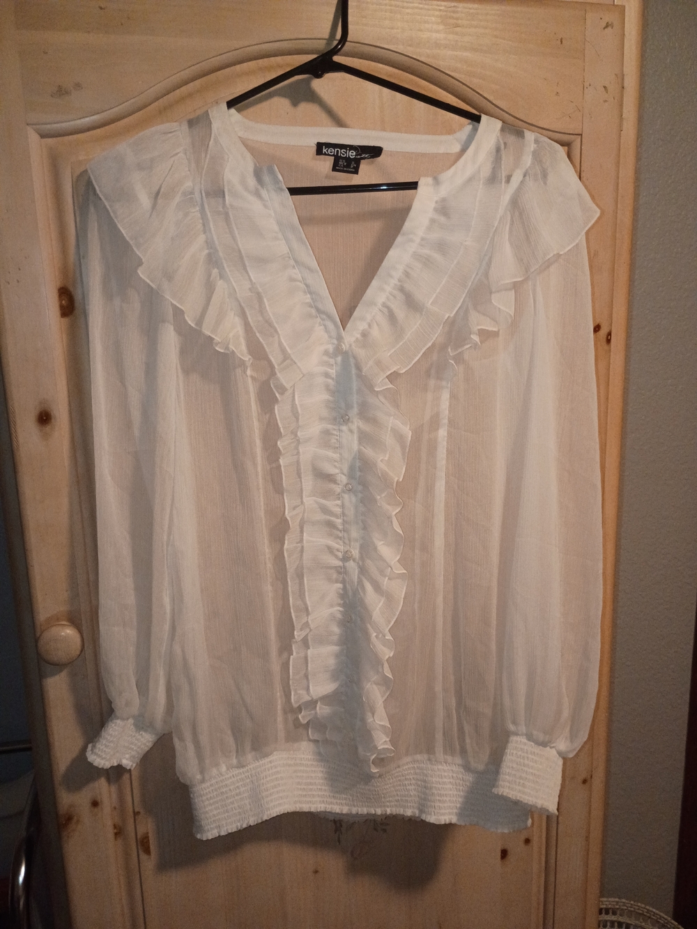 Kensie White Ruffled V-Neck Sheer Blouse